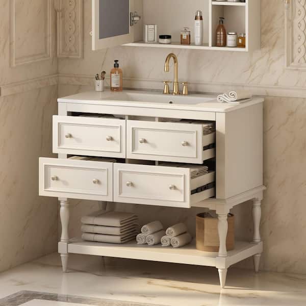36 in. Freestanding Bathroom Vanity with 4 Drawers, Undermount Ceramic Sink and Solid Wood Frame in Beige