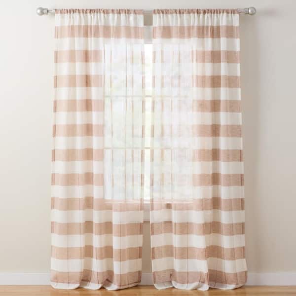 Pax Semi-Sheer Stripe Rust/Linen 50 in. x 84 in. Sheer Curtain Set (Set of 2)