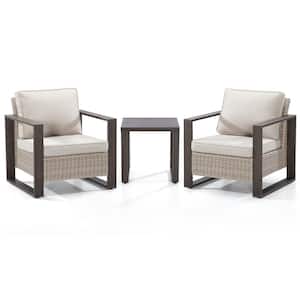 3-Piece Wicker Outdoor Lounge Chairs Patio Conversation Set with Metel Frame and Beige Cushions