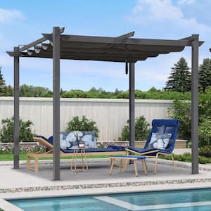 10 ft. W x 10 ft. D Modern Gray Aluminum Pergola with Gray Adjustable Sun Shelter Canopy and Extra Roof Layer