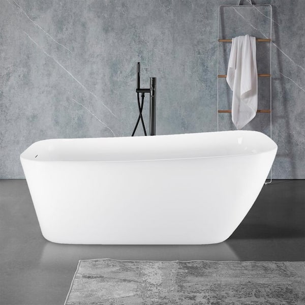 ANGELES HOME 59 in. Acrylic Rectangular Flatbottom Freestanding Soaking Bathtub in Glossy White Overflow and Pop-Up Drain