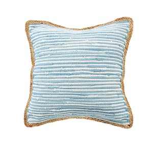 Riley Blue/White 20 in. x 20 in. Striped Jute Bordered Polyfill Throw Pillow