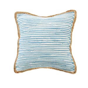 Riley Blue/White 20 in. x 20 in. Striped Jute Bordered Polyfill Indoor Throw Pillow