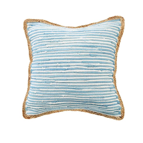 Unbranded Riley Blue/White 20 in. x 20 in. Striped Jute Bordered Polyfill Indoor Throw Pillow