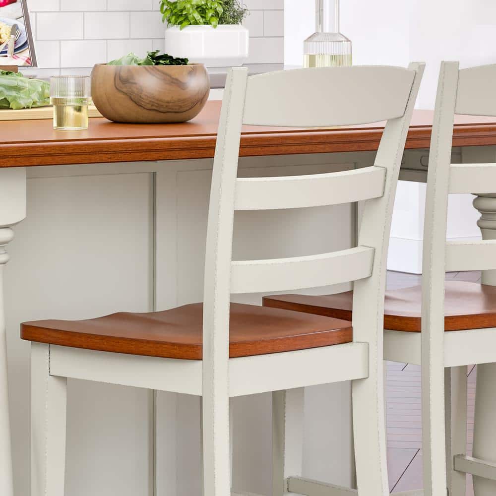 Off-White and Oak Wood Kitchen Island Set with Stools