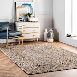 Eliz Striped Farmhouse Jute Blue 9 ft. x 12 ft. Area Rug