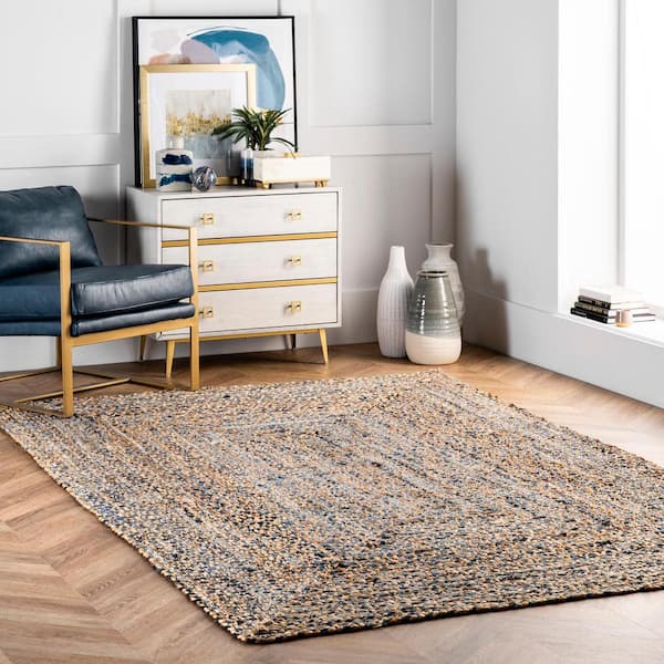 Eliz Striped Farmhouse Jute Blue 9 ft. x 12 ft. Area Rug