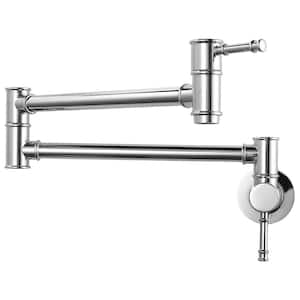 Wall Mounted Folding Pot Filler with Double-Handle Stretchable Kitchen Faucet in Chrome