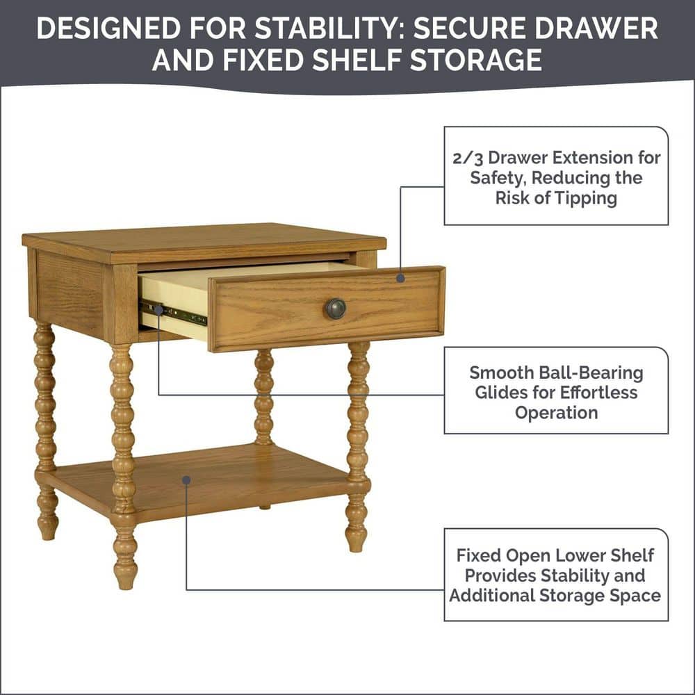 Natural Oak 1-Drawer Solid Wood Nightstand with Turned Legs