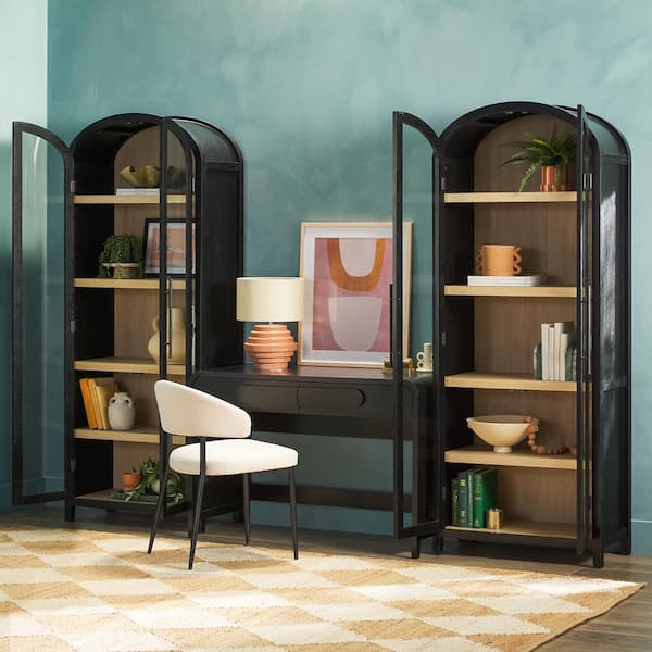 3-Piece Modern 38 in. Waterfall Black Writing Desk with Curved Pull Drawers and 2 76 in. Glass Door Bookcases