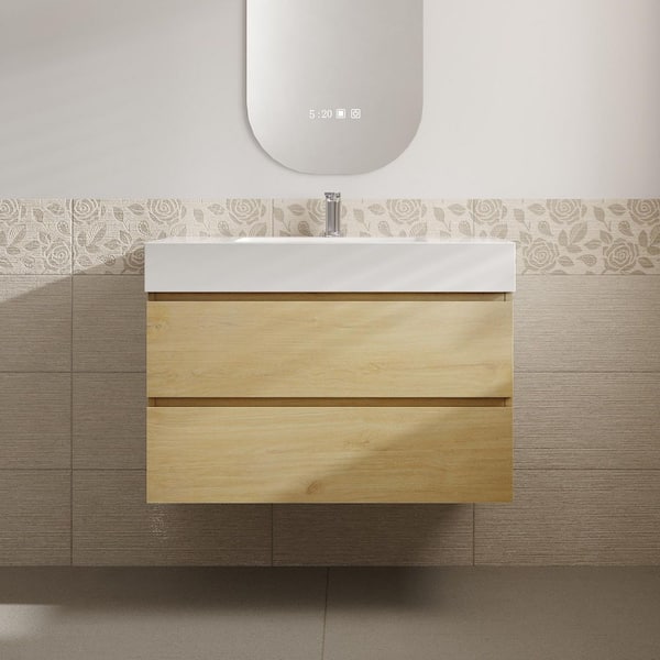 Aaby 36 in. W x 18 in. D x 25 in. H Wall Mounted Floating Bath Vanity Cabinet in Oak with Solid Surface Top and Sink