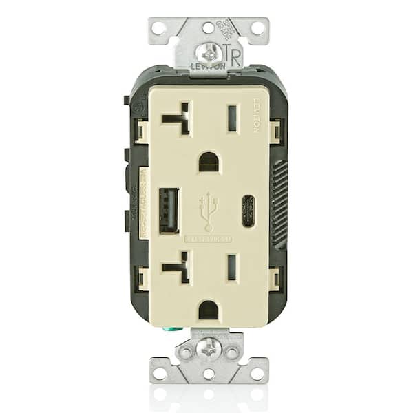 Leviton 20 Amp Tamper Resistant Duplex Outlet with Type A and Type-C USB Chargers, Ivory