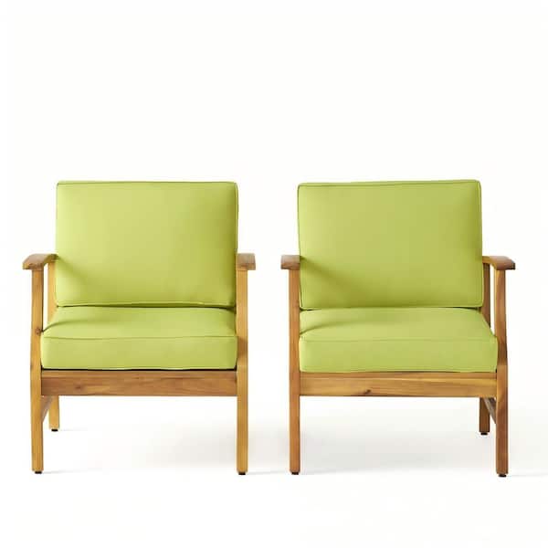 Tatayosi Wood Outdoor Dining Chairs Patio Lounge Chair with Green Cushion (Set of 2)
