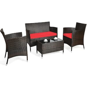 4-Piece Patio Rattan Conversation Furniture Set Outdoor with Red Cushion