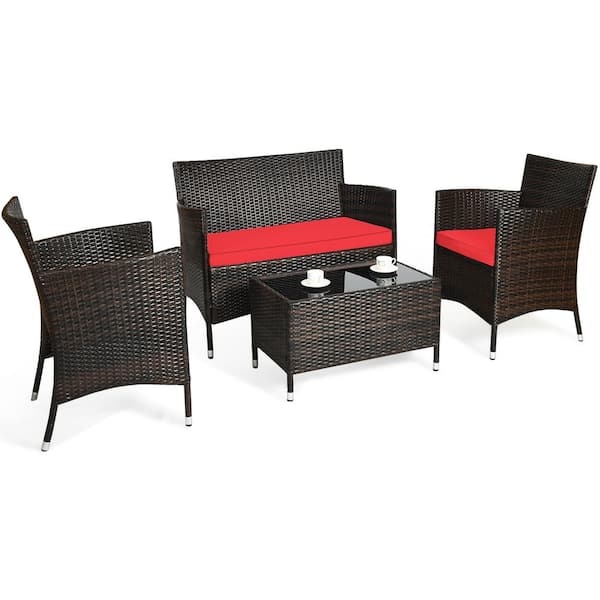 Gymax 4-Piece Patio Rattan Conversation Furniture Set Outdoor with Red Cushion