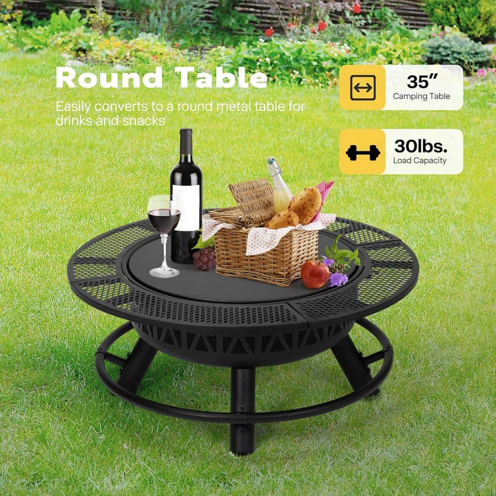 35-Inch Black Alloy Steel Fire Pit with Grill and Charcoal Pan