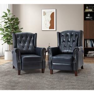 Cilla Genuine Leather Navy Manual Recliner with Wooden Legs Set of 2