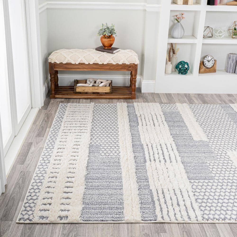 Gray and Cream Abstract Geometric 4' x 6' Shag Area Rug