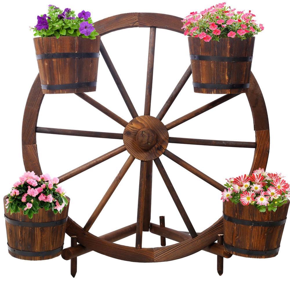 Rustic Brown Patio Wood Wagon Barrel Wheel Planter Flower Pots with Buckets