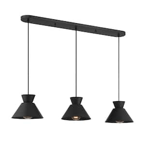 9 in. W x 6in. H 3-Light Matte Black Mid-Century Modern Linear Chandelier with Metal Shades