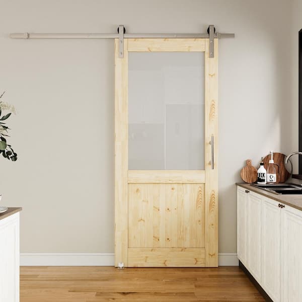 36 in. x 80 in. 1/2-Lite Frosted Glass Unfinished Glass Sliding Barn Door with Hardware Kit Nickel Plated
