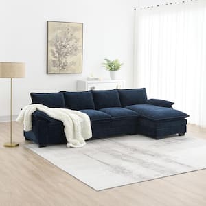 118 in. Pillow Top Arm 4-Piece Chenille L-Shaped Sectional Sofa in Dark Navy Blue with Double Seat Cushions