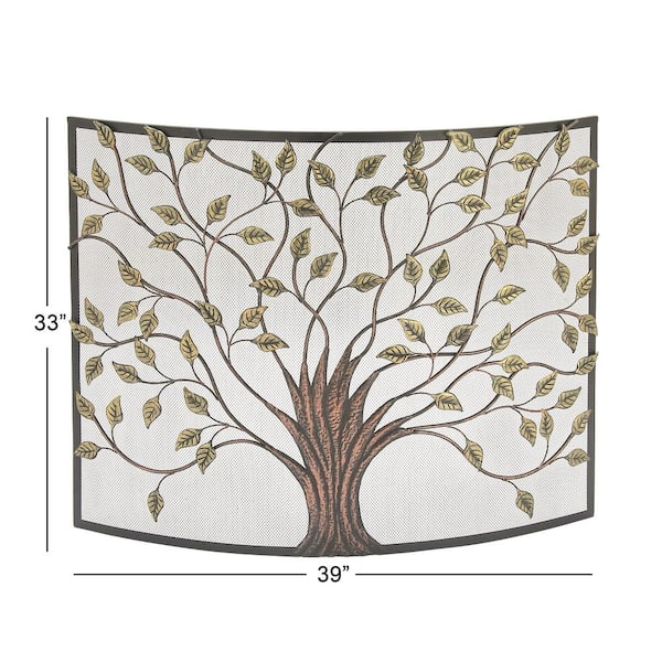 Bronze Metal Tree Sculpted Relief Single Panel Fireplace Screen with Curved Mesh Netting