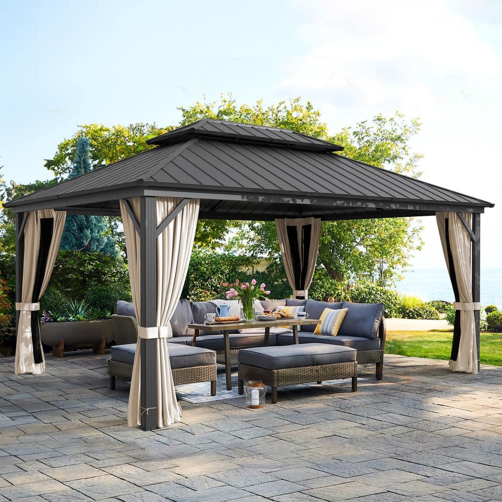 LUE BONA Hampton 12 ft. x 16 ft. Black Hardtop Aluminum Outdoor Gazebo ...