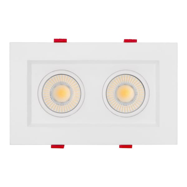 4 in. 2-Head LED Slim Square Recessed Anti-Glare Gimbal Downlight, White, Canless IC Rated 2000 Lumens 5 CCT 2700K-5000K