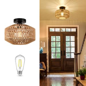 11.8 in. Rattan Chandelier Light Fixture with Dimmable LED Bulb, Hand Woven Flush Mount Ceiling Light