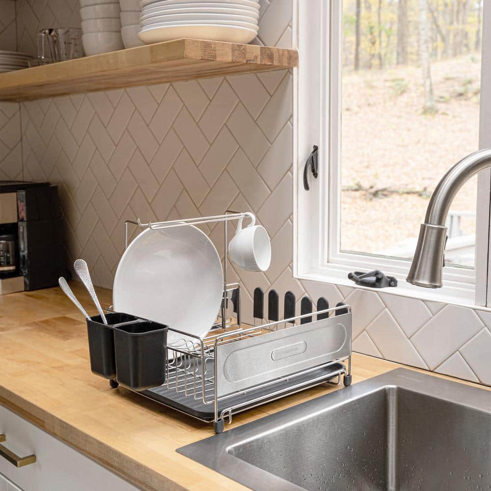 Compact Stainless Steel Dish Rack with Utensil Cup and Wine Glass Holder