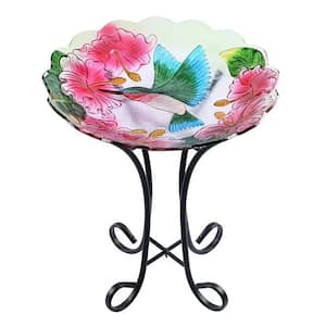 Outdoor Glass Birdbath with Metal Stand for Lawn Yard Garden Hummingbird Decor