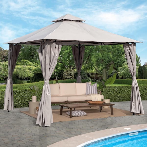 Outdoor Awning Canopy Gazebo 10 x10 Ft. Pergola Sunshade Tent Steel Wall &  Floor