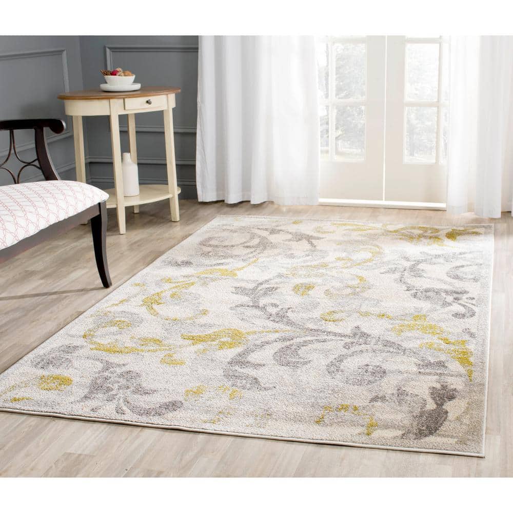 Ivory Light Grey Floral Square Synthetic Easy-Care Rug