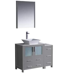 Torino 42 in. Bath Vanity in Gray with Glass Stone Vanity Top in White with White Vessel Sink, Side Cabinet and Mirror