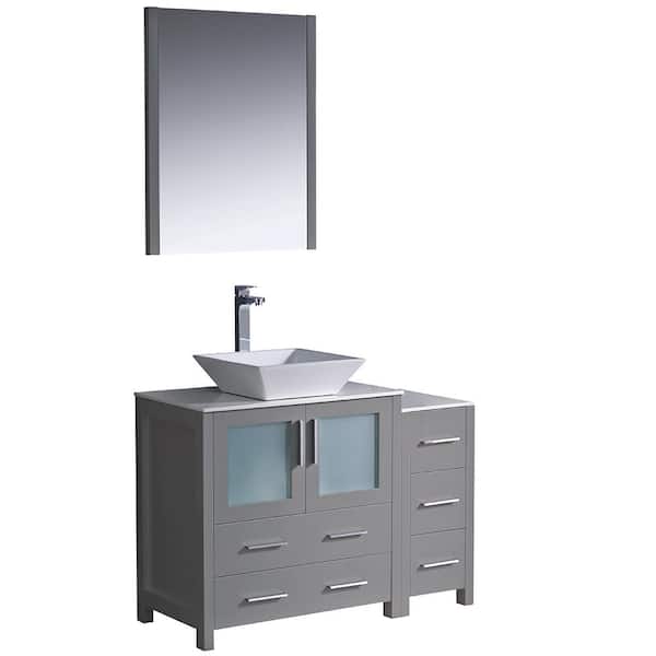 Fresca Torino 42 in. Bath Vanity in Gray with Glass Stone Vanity Top in White with White Vessel Sink, Side Cabinet and Mirror