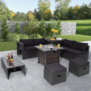 9-Piece Wicker Patio Sectional Seating Set with 32 in. Fire Pit Table and Black Cushions