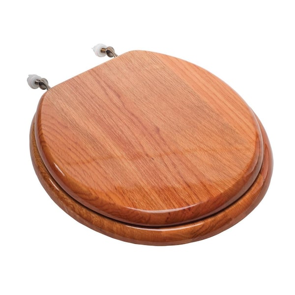 JONES STEPHENS Designer Wood Round Closed Front Toilet Seat with Cover and Brushed Nickel Hinge in Piano Oak