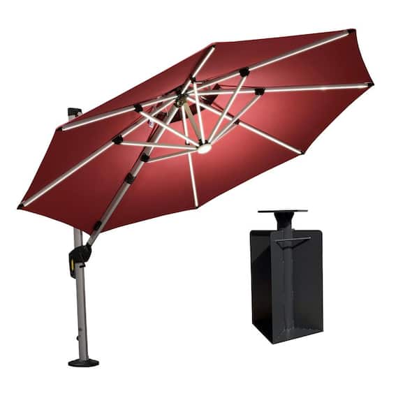 PURPLE LEAF 10 ft. Octagon Aluminum Solar Powered LED Patio Cantilever Offset Umbrella with Base in Ground, Terra