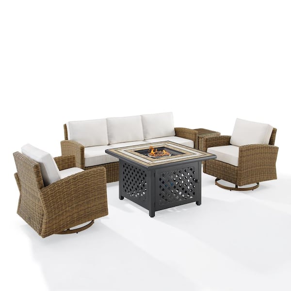 CROSLEY FURNITURE Bradenton Weathered Brown 5-Piece Wicker Patio Fire Pit Set with White Sunbrella Cushions