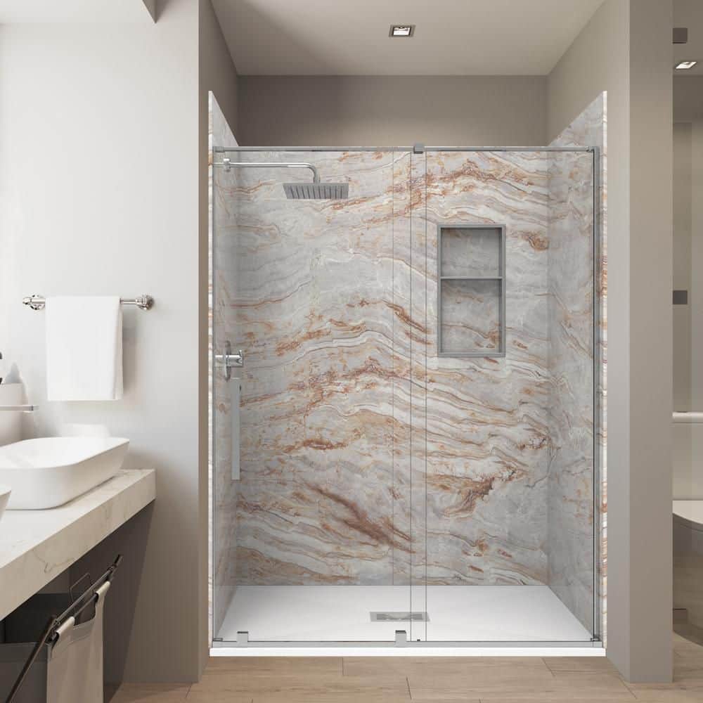 Nacarado Brown 36in. x 60in. x 84in. Combo Solid Composite Stone Alcove Shower Kit Matching Chrome Door, Niche & Drain price history on PriceWatchPro