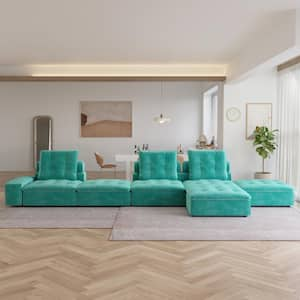 209 in. Square arm Rectangle 3-Seater Frosted Velvet Free Combination Modular Sectional Sofa with 3-Ottoman in Aqua blue