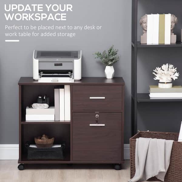 Vinsetto Walnut Lateral File Cabinet with Wheels, Mobile Printer