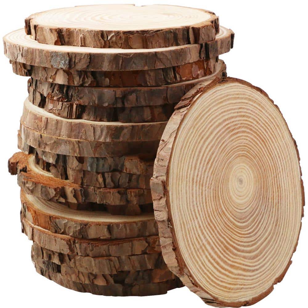 5.1-5.5 in. Unfinished Wood Slices for Centerpieces with Tree Bark for Craf