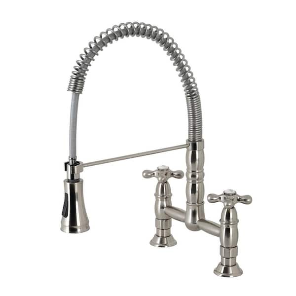 Kingston Brass Heritage Double-Handle Pull Down Sprayer Kitchen Faucet in Brushed Nickel