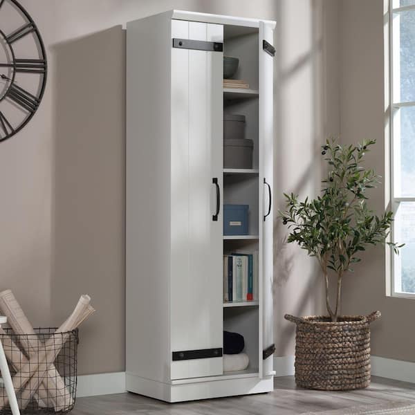 SAUDER HomePlus Soft White Accent Storage Cabinet with Planked Barn Door Styling