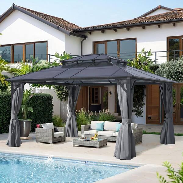 12 ft. x 16 ft. Outdoor Double Sun Panel Roof Hardtop Gazebo with Aluminum Frame, Double Bib and Netting in Grey