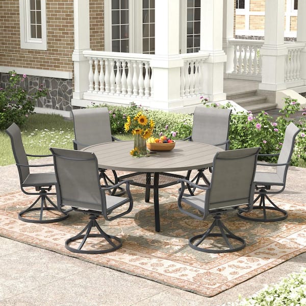 Gray 7-Piece Metal 47.2 in. Round Outdoor Dining Set with 360° Textilene Fabric Swivel Chairs and Umbrella Hole