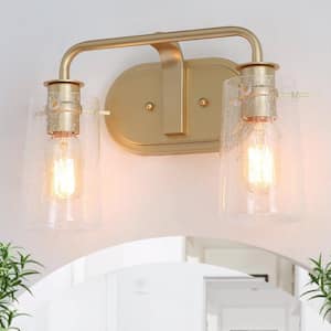 Modern Gold Bathroom Vanity Light, 13.5 in. 2-Light Brass Gold Vanity Light with Seeded Glass Shades