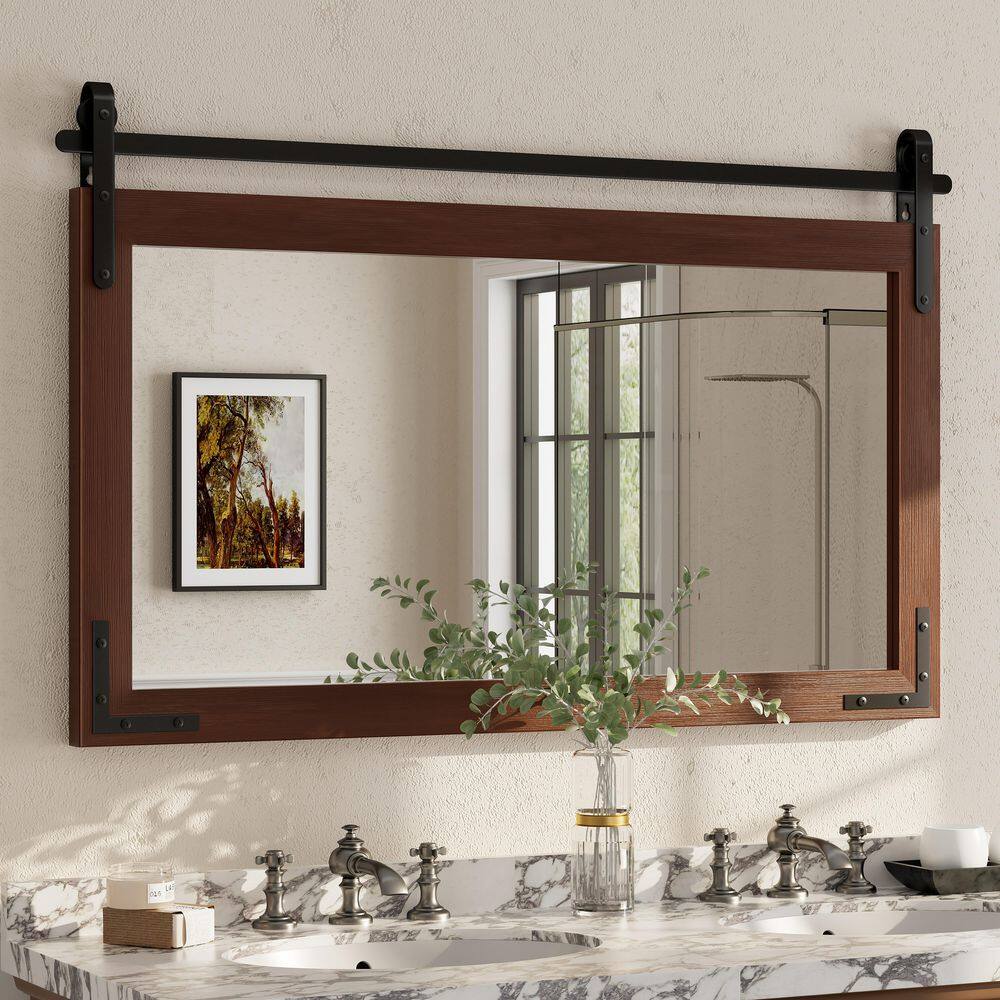 48 in. W x 30 in. H Rectangular Rustic Farmhouse Solid Wood Framed & Tempered Glass Wall Bathroom Vanity Mirror in Brown price history on PriceWatchPro